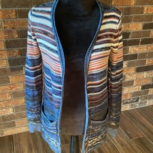 Size XS cable knit  blue and orange open front cardigan with pockets